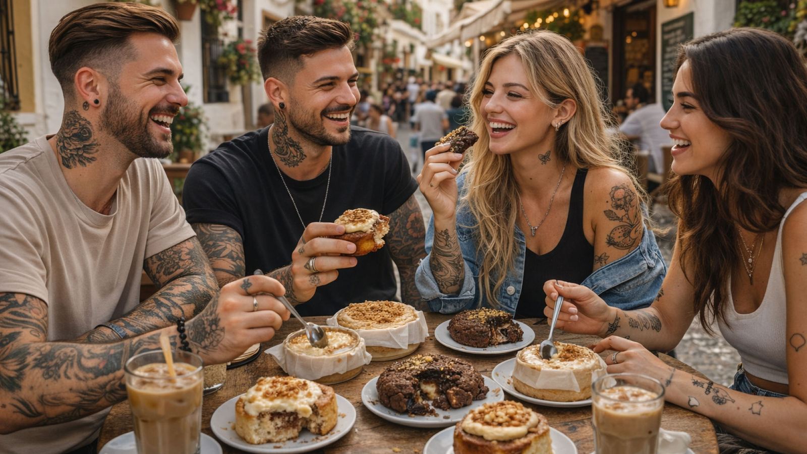 Un grupo de amigos comparte cheesecakes de Abuela Canalla en una terraza