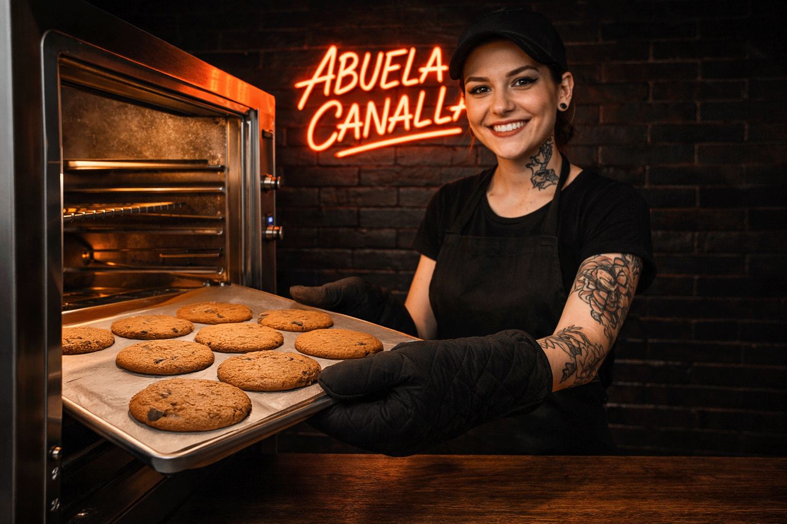 Franquiciada de Abuela Canalla sacando cookies del horno