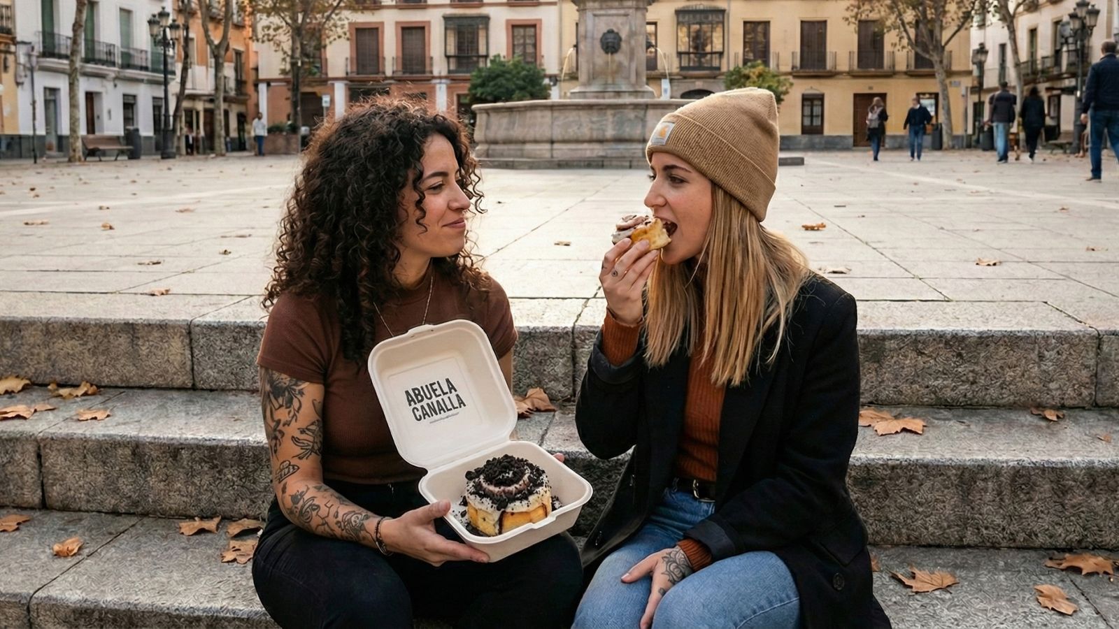 Dos amigas comparten un cinnamon roll de Abuela Canalla en una plaza